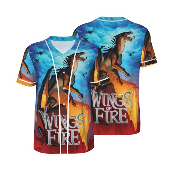 Mens Wings Dragon Fire Baseball Shirt Graphic Tshirt V Neck Jersey Button Down Short Sleeve Tops