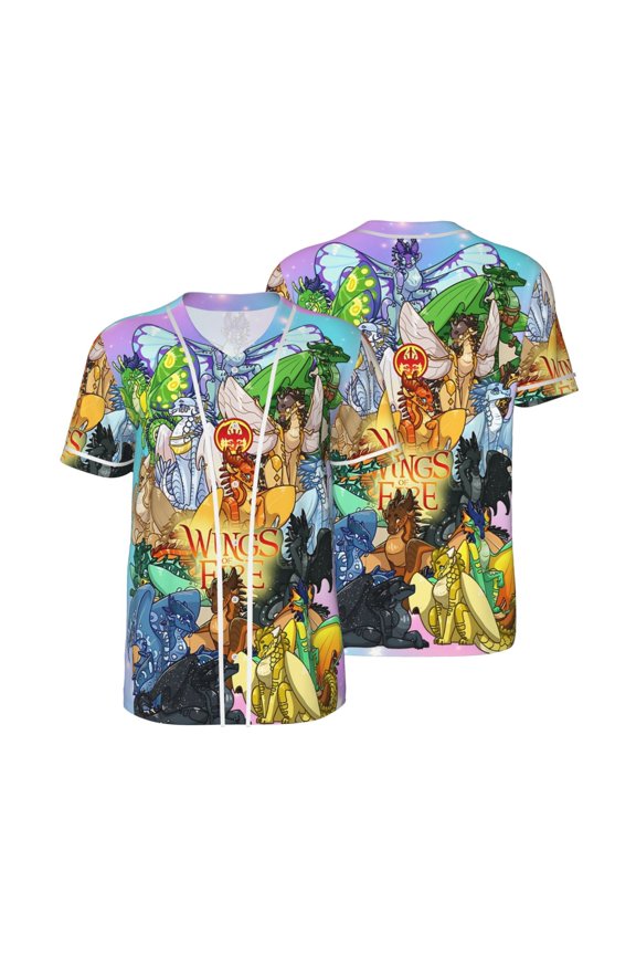 Mens Wings Dragon Fire Baseball Shirt Graphic Tshirt V Neck Jersey Button Down Short Sleeve Tops