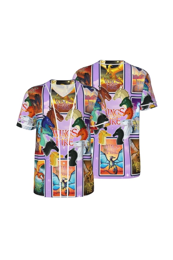Mens Wings Dragon Fire Baseball Shirt Graphic Tshirt V Neck Jersey Button Down Short Sleeve Tops