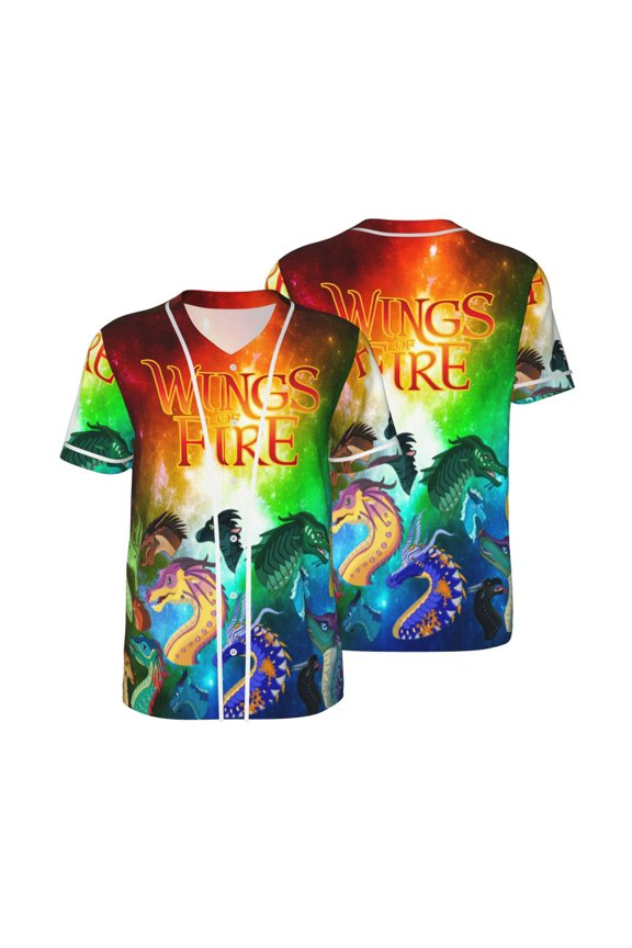 Mens Wings Dragon Fire Baseball Shirt Graphic Tshirt V Neck Jersey Button Down Short Sleeve Tops