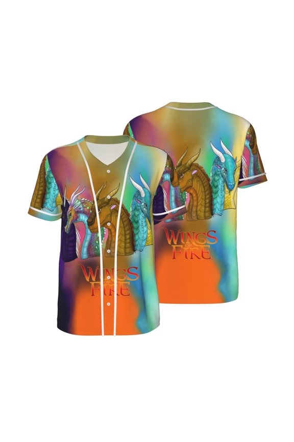Mens Wings Dragon Fire Baseball Shirt Graphic Tshirt V Neck Jersey Button Down Short Sleeve Tops