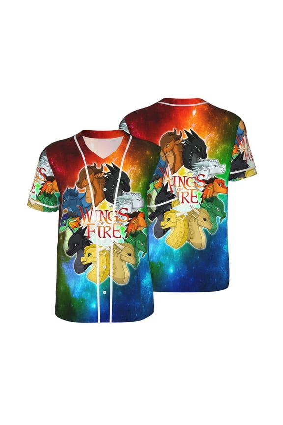 Mens Wings Dragon Fire Baseball Shirt Graphic Tshirt V Neck Jersey Button Down Short Sleeve Tops