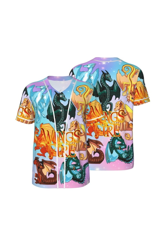 Mens Wings Dragon Fire Baseball Shirt Graphic Tshirt V Neck Jersey Button Down Short Sleeve Tops