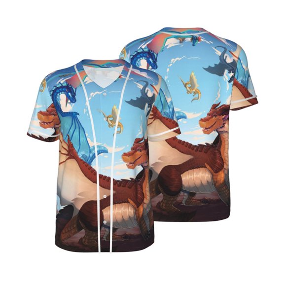 Mens Wings Dragon Fire Baseball Shirt Graphic Tshirt V Neck Jersey Button Down Short Sleeve Tops