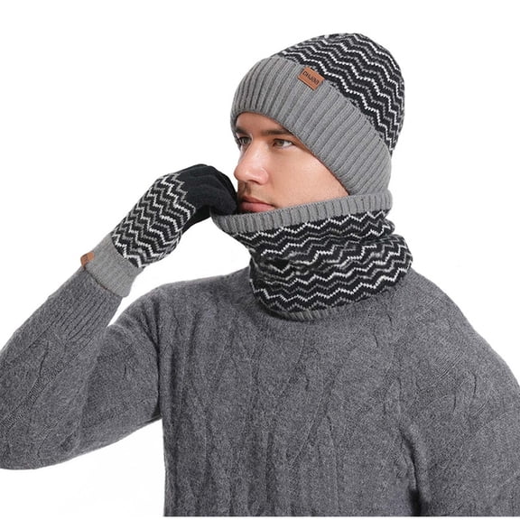 Mens Winter Beanie Hat Scarf Set Warm Thick Fleece Lining Skull Cap Long Scarf Touchscreen Mittens Soft Cold Weather Sets