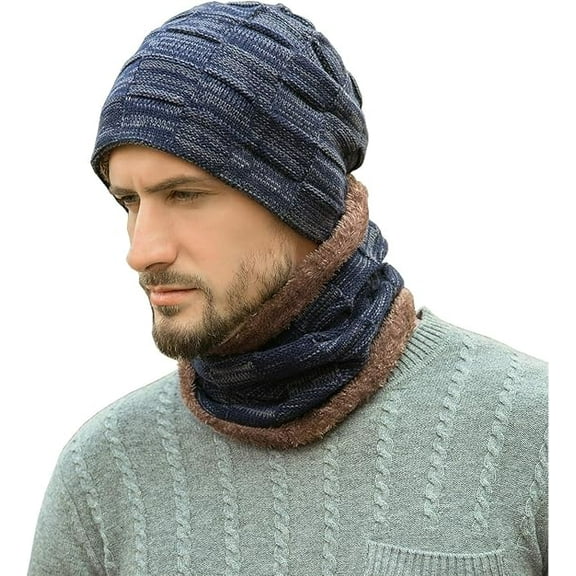 Mens Winter Beanie Hats Scarf Set Warm Knit Skull Cap Neck Warmer with Fleece Lined Winter Hat for Women