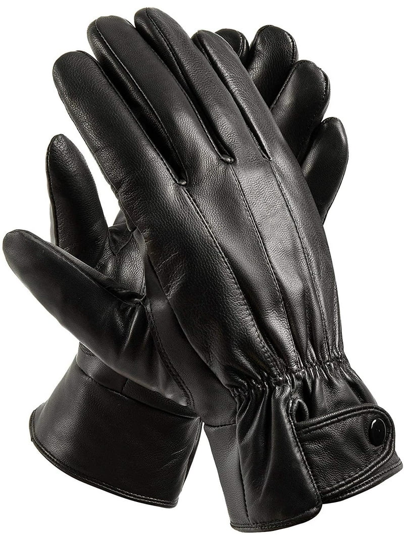 TELOLY Men's Winter Black Leather Gloves, Real Sheepskin, Warm