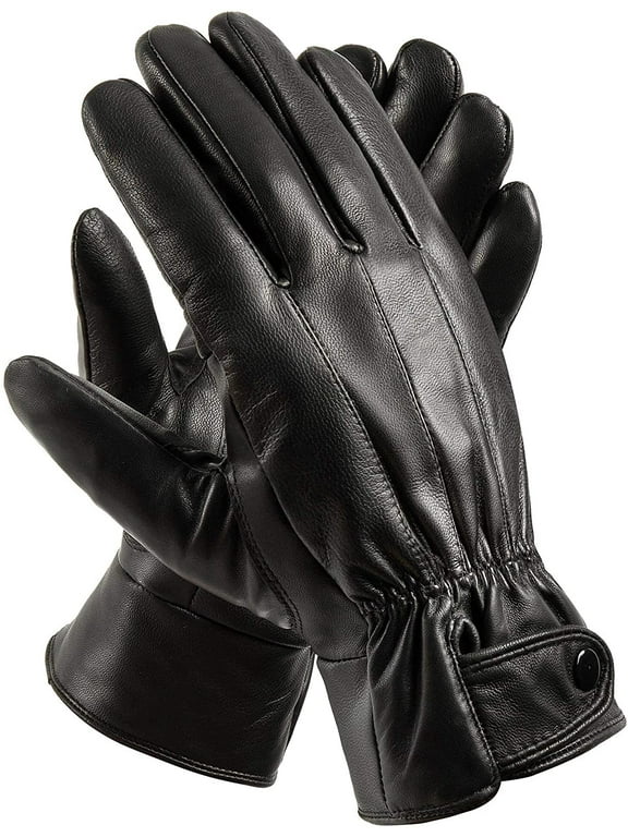 Mens Winter Black Leather Gloves For Driving Dress Real Sheepskin Leather Warm Fleece Lined Gloves