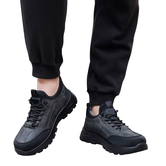 Mens Winter Boots Trendy Splice Suede Plush Lined Snow Booties Hiking Shoes Casual Lace up Antislip Outdoor Sneakers Gray Size 9