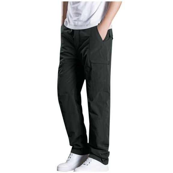 Mens Winter Cargo Pants Sherpa Fleece Lined Active Solid Color Warmth Workwear Elastic Waist Multiple Pockets Long Pants Black