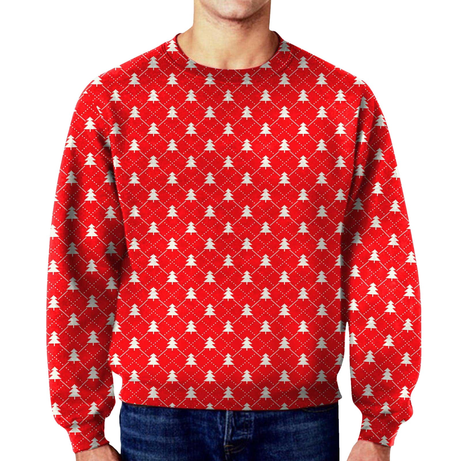 Mens Winter Christmas Floral Print Casual Crew Neck Hoodie Long