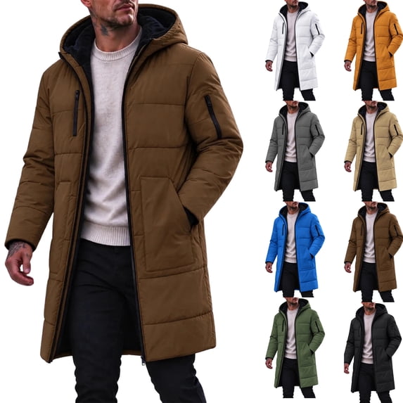 Mens Winter Coat Multi Pocket Fleece Lined Hooded Cotton Jacket Full Zip Solid Color Long Sleeve Mid Length Warm Outerwear for Daily Wear Mens Padded Coat