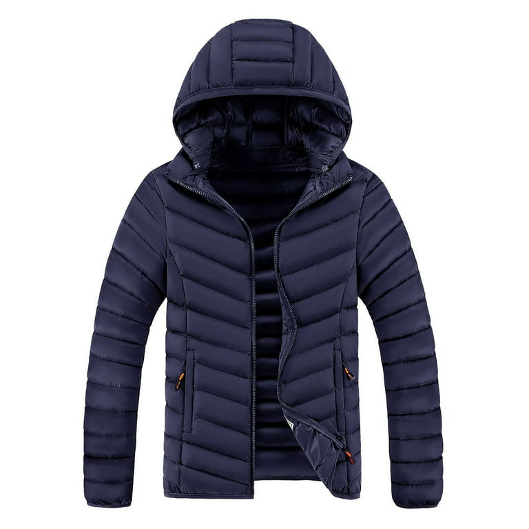 Mens Winter Coats Mens Winter Thickening and Velvet Soild Color Casual Warm Zipper Removable Hat Long Sleeve Jacket Coat Blue XL Walmart
