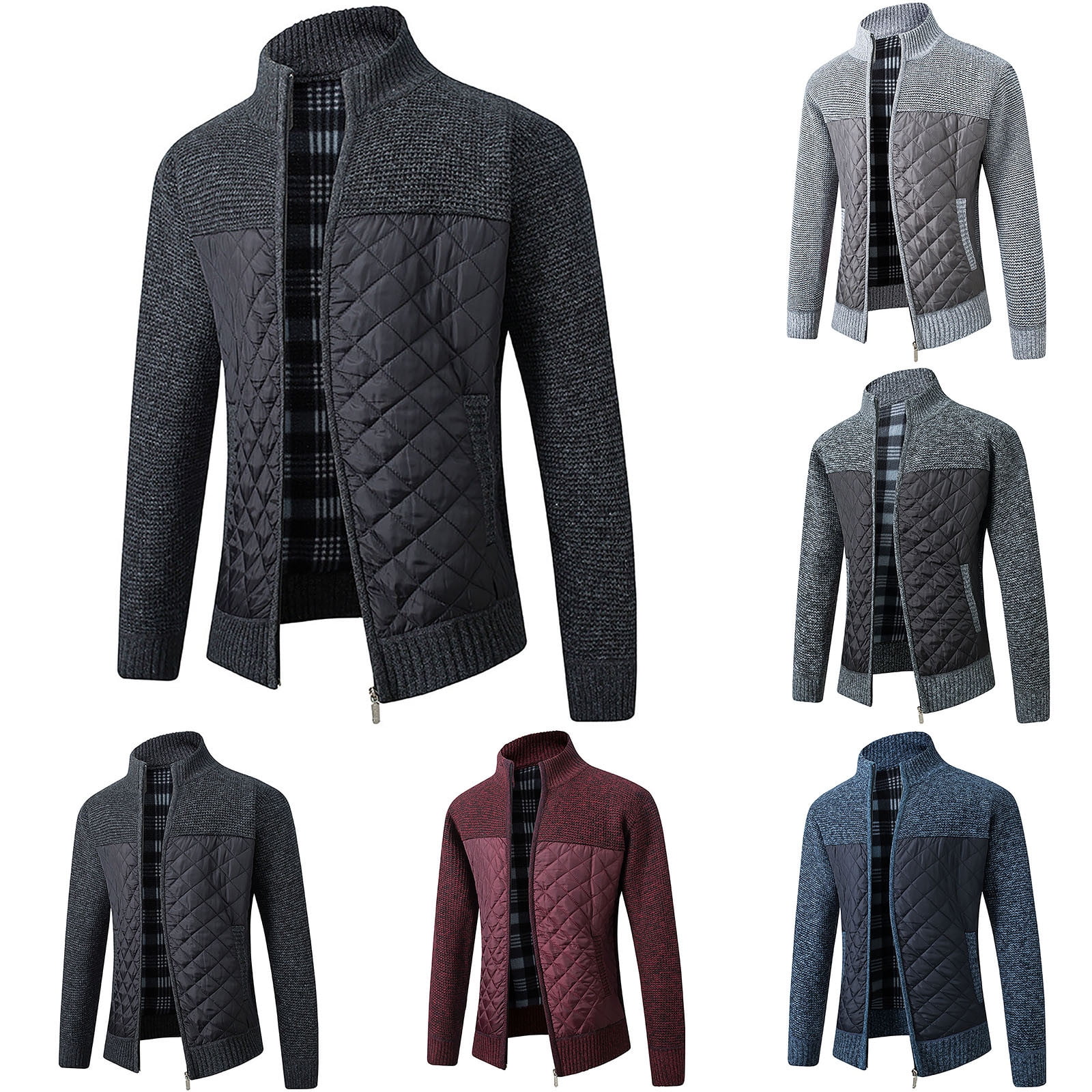Mens Winter Coats Plus Size Plaid Fleece Knitted Sweater Jacket