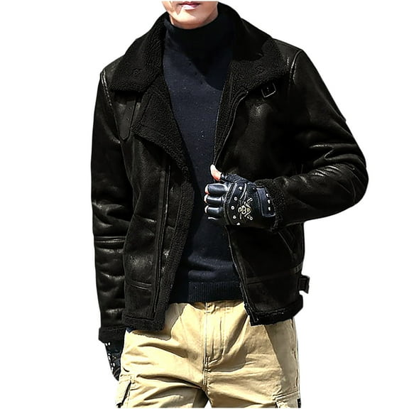 Mens Winter Coats Vintage Faux Leather Zip Up Sherpa Bomber Jacket Casual Warm Turn-Down Collar Thick Fleece Lined Jackets Overcoat