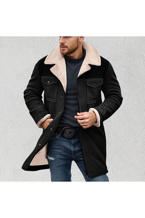 Mens Winter Coats Vintage Suede Patchwork Lamb Long Jacket Trucker Warm Casual Coat Overesized Thick Trench Coat