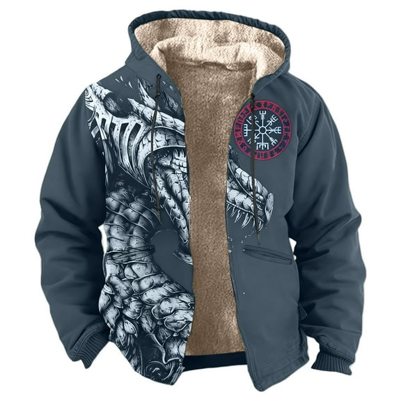 Mens Winter Coat Norse Mythology Hooded Thick Coat for Warm Midweight Outdoor Zipper Mysterious Patterns Outwear C-Navy XXXL