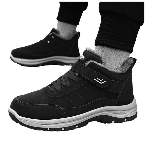 Mens Winter Hiking Boots Lace up Hook and Loop Ankle Snow Boots Warm Plush Lined Nonslip Short Booties Black Size 8.5