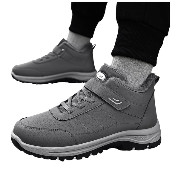 Mens Winter Hiking Boots Lace up Hook and Loop Ankle Snow Boots Warm Plush Lined Nonslip Short Booties Gray Size 8.5