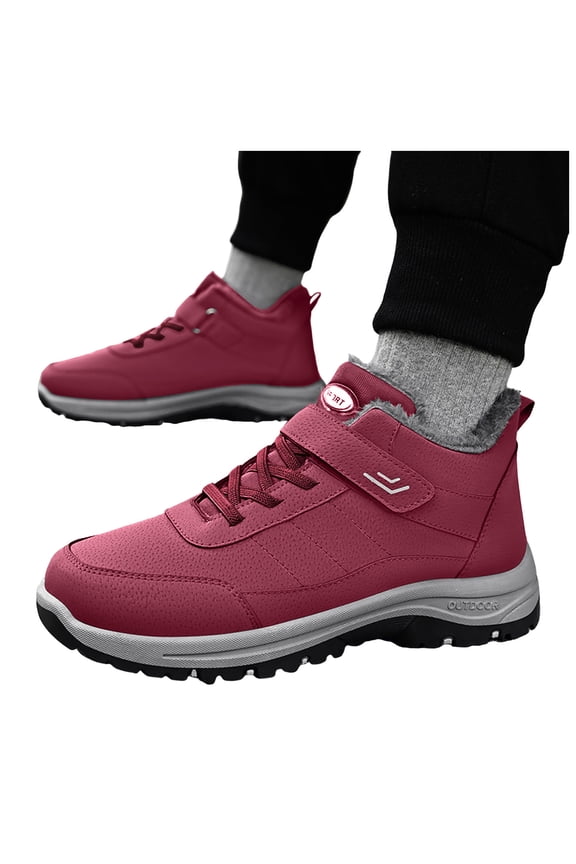 Mens Winter Hiking Boots Lace up Hook and Loop Ankle Snow Boots Warm Plush Lined Nonslip Short Booties Red Size 9