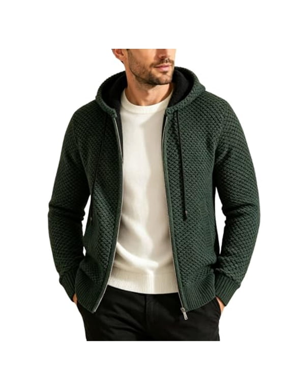 Mens Winter Hooded Cardigan Sweater Thick Knit Fleece Lined Full Zip Long Sleeve Jacquard Thermal Outerwear