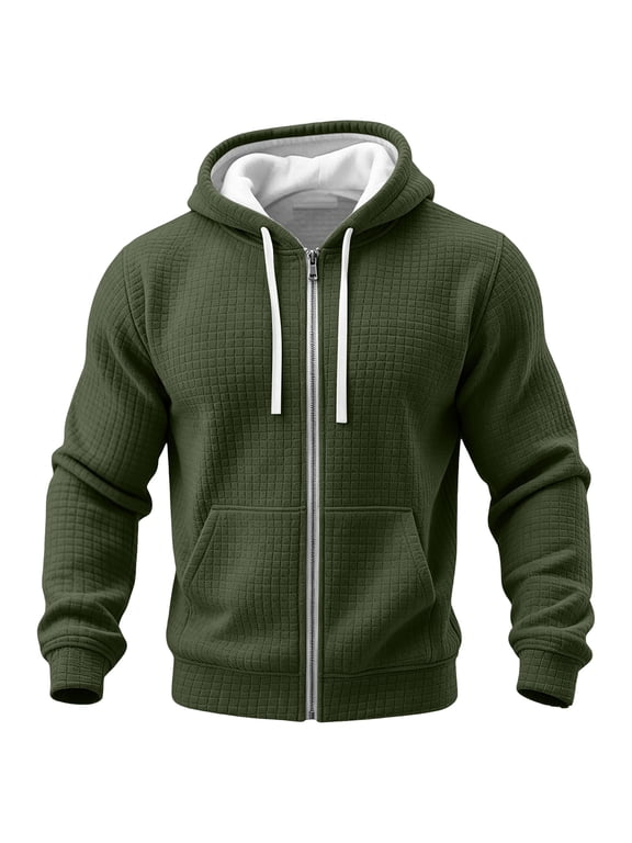 Mens Winter Hoodie Zip Up Thermal Waffle Knit Sweatshirt Jacket for Men Warm Long Sleeve Drawstring Hood Kangaroo Pocket Ribbed Cuffs Loose Fit Tops Army Green S