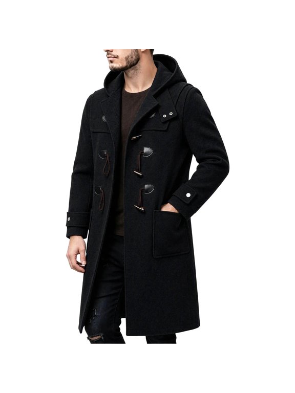 Mens Winter Jacket Hooded Toggle Button Solid Color Long Warm Coat with Pockets for Winter Travel and Outdoor Activities