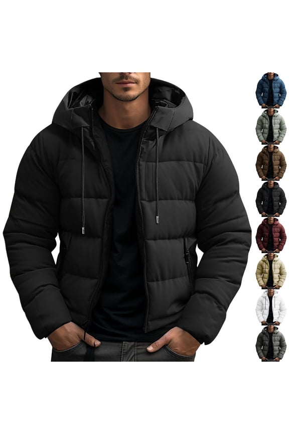 Mens Winter Jacket Hooded Windproof Down Puffer Coats with Full Zip and Pocket Lightweight Long Sleeved Warm Outwear for Fall and Winter Black L