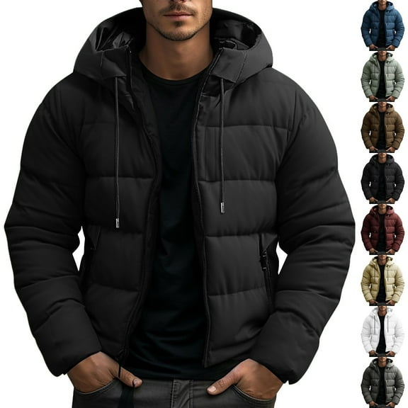 Mens Winter Jacket Hooded Windproof Down Puffer Coats with Full Zip and Pocket Lightweight Long Sleeved Warm Outwear for Fall and Winter Black M