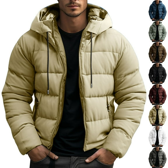 Mens Winter Jacket Hooded Windproof Down Puffer Coats with Full Zip and Pocket Lightweight Long Sleeved Warm Outwear for Fall and Winter Khaki M