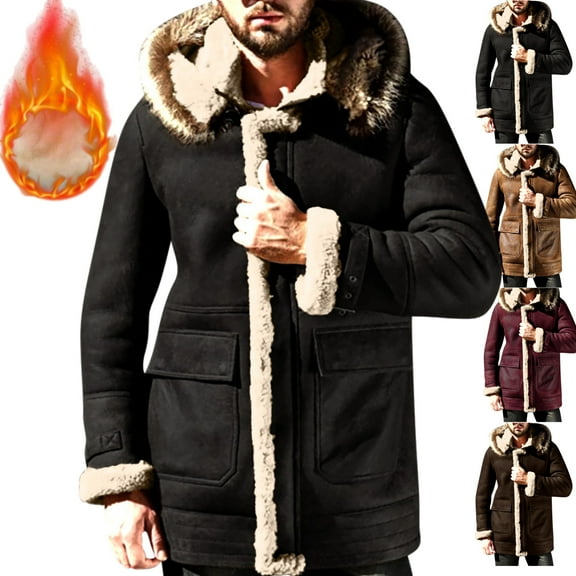 Mens Winter Jacket Mens Winter Jacket with Hood Plus Size Zip up Sherpa Fleece Lined Warm Coats with Pocket Loose Casual Long Sleeve Trendy Jackets Travel Thermal Outerwear