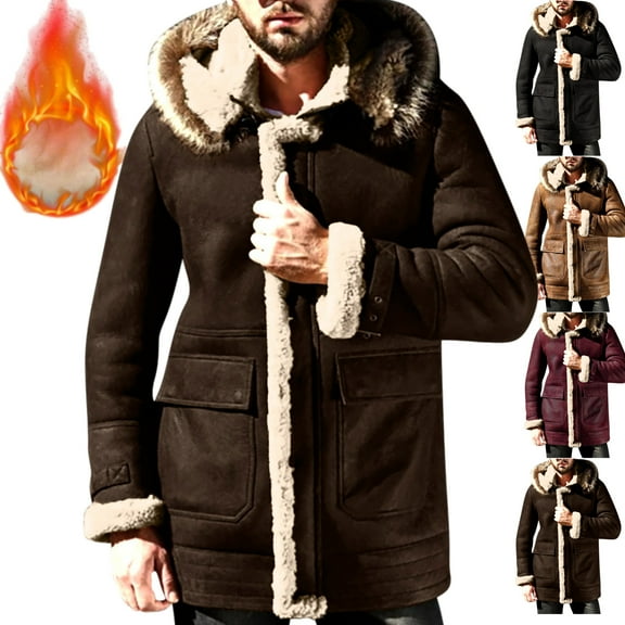 Mens Winter Jacket Mens Winter Jacket with Hood Plus Size Zip up Sherpa Fleece Lined Warm Coats with Pocket Loose Casual Long Sleeve Trendy Jackets Travel Thermal Outerwear