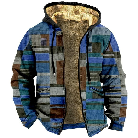 Mens Winter Jacket Sherpa Lined With Hood Warm Fleece Zipper Hoodie Blue M