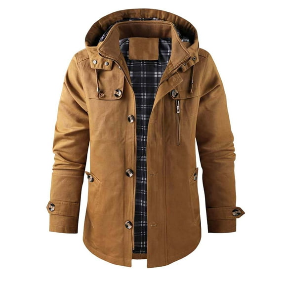 Mens Winter Jackets Detachable Hooded Front Zip Button Stand Collar Windbreaker Casual Stylish Coat With Multi Pockets (XL, Brown)