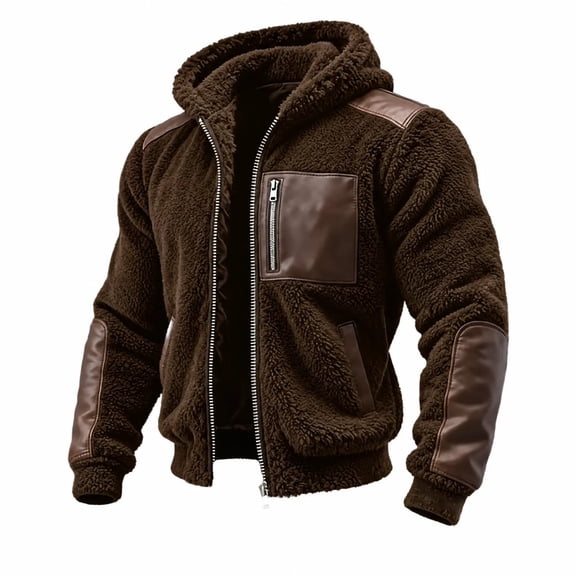 Mens Winter Jackets Fleece Lined Warm Coats Full Zipper Hoodies Casual Faux Leather Spliced Sherpa Bomber Coat with Pockets