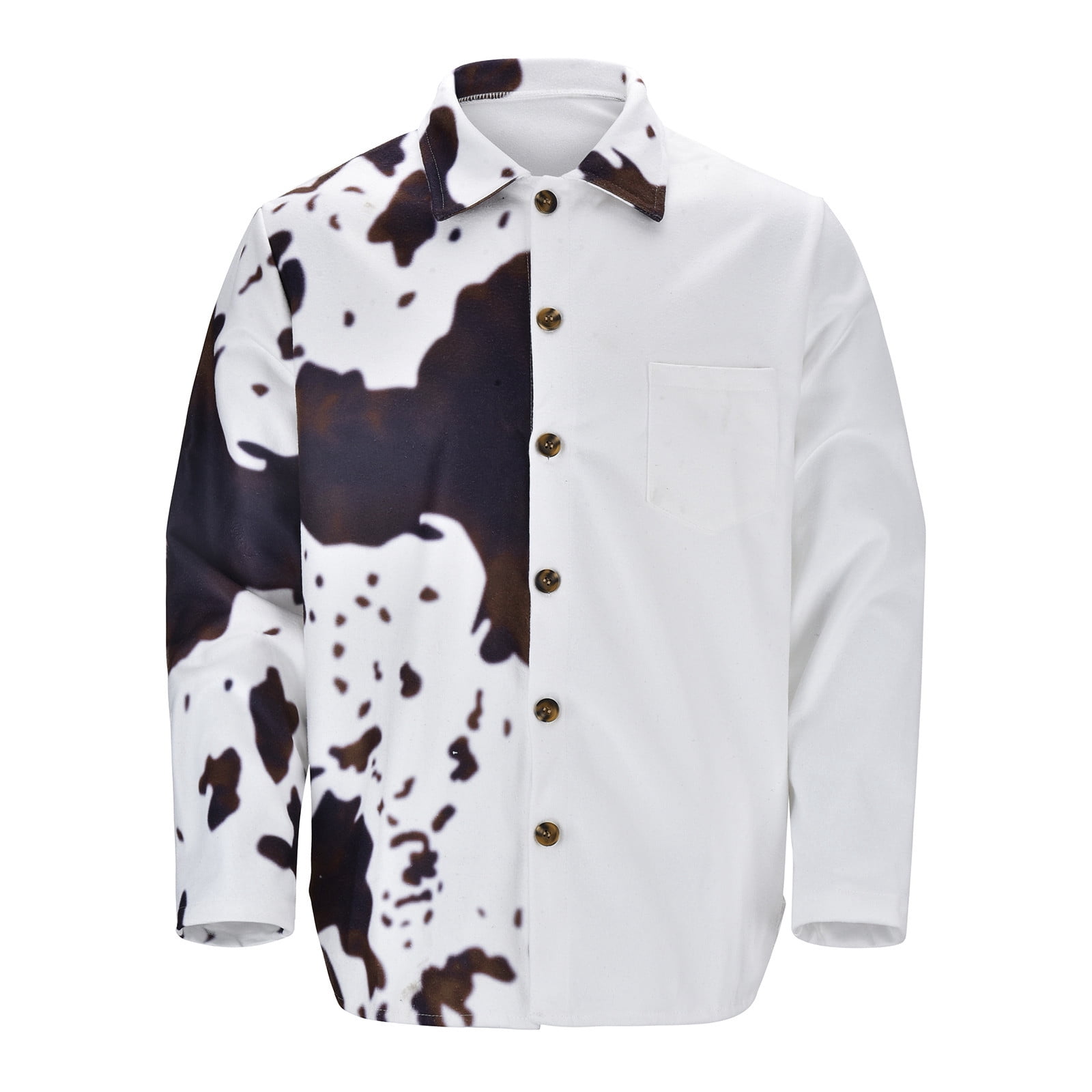 Mens Winter Jackets Hatless Cow Print Long Sleeve Loose with Buttons