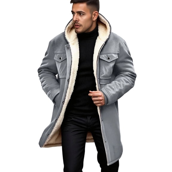 Mens Winter Jackets Plush Color Block Jacket with Multiple Pockets Zip Up Long Overcoat Warm Outerwear Comfortable Loose Fit Fall Winter Coat Mens Coats