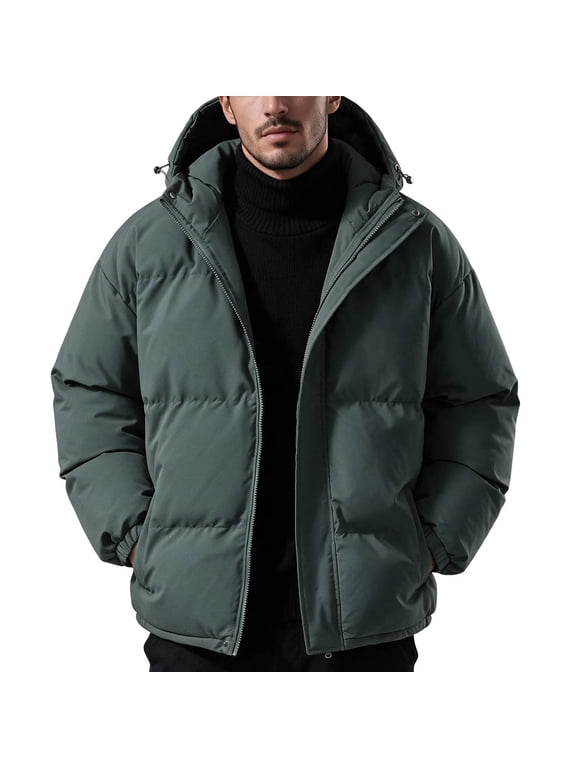 Mens Winter Jackets Solid Color Hooded Full Zip Loose Fit Warm Pockets Outerwear for Winter Outdoor and Mountain Skiing Hiking Work