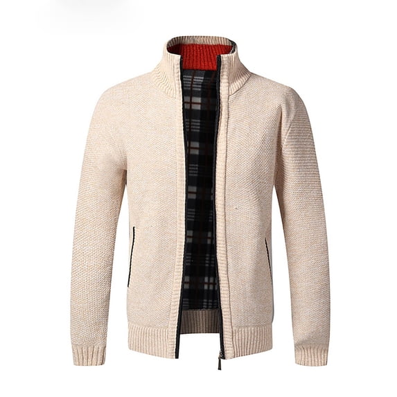 Mens Winter Knitted Sweater Casual Stand Collar Long Sleeve Full Zip Fleece Plaid Lined Coats With Zipper Pockets