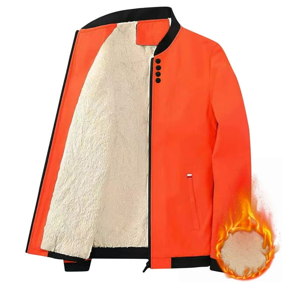 Mens Winter Lightweight Jackets Thickened Warm Solid Color Pocket Zipper Long Sleeved Casual Jacket Orange XL