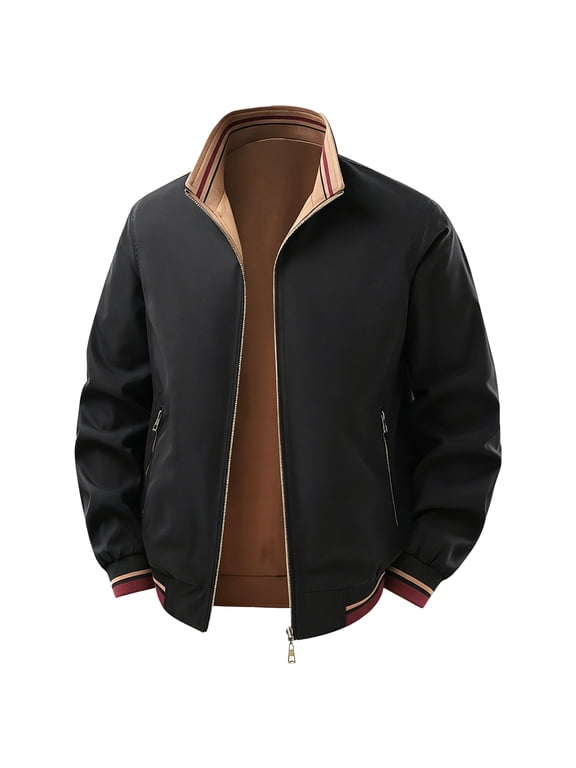 Mens Winter Bomber Jacket Stand Collar Flight Coat Striped Trim Full Zip Long Sleeve Casual Outerwear Solid Color Lightweight Warm Insulated Pilot Jacket Black 3XL