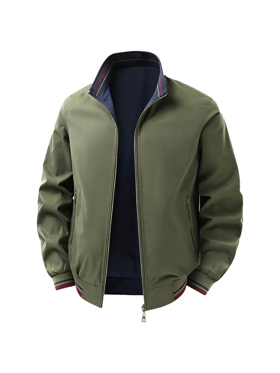 Mens Winter Bomber Jacket Stand Collar Flight Coat Striped Trim Full Zip Long Sleeve Casual Outerwear Solid Color Lightweight Warm Insulated Pilot Jacket Army Green 2XL