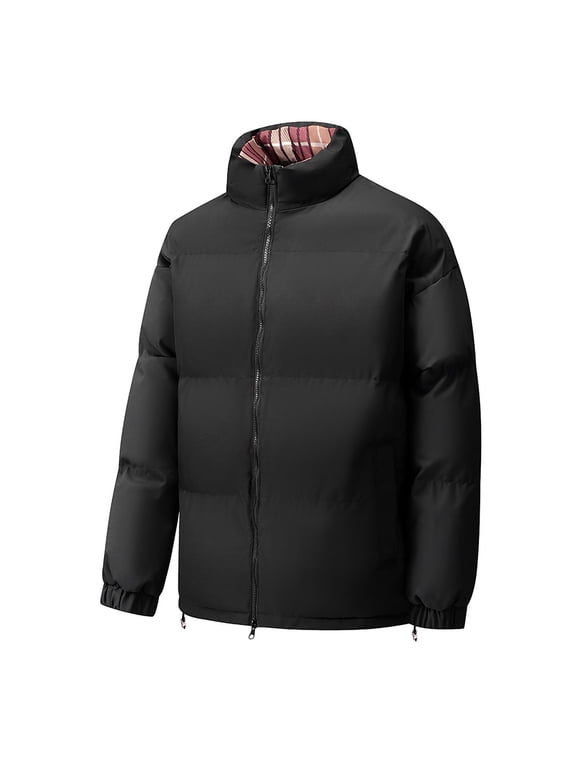 Mens Winter Padded Jackets, Full Zipper Stand Collar Windproof Quilted Outwear Coats with Pockets Black S