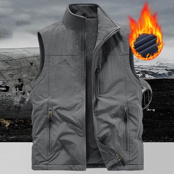 Mens Winter Parka Men's Outdoor Vest Solid Color Fleece Lined Warm Stand Collar Sleeveless Jackets Reversible Wear Waistcoat for Work Fishing Travel Gray L