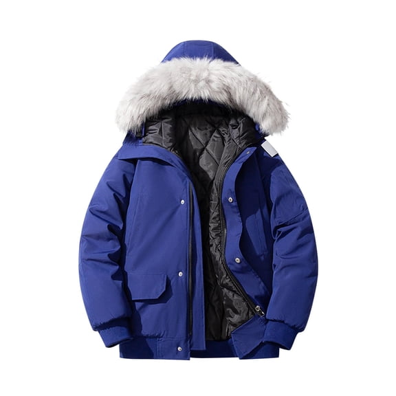 Mens Winter Puffer Parka Thicken Coat Faux Fur Removable Hood Warm Long Sleeve Zip Jacket with Pockets