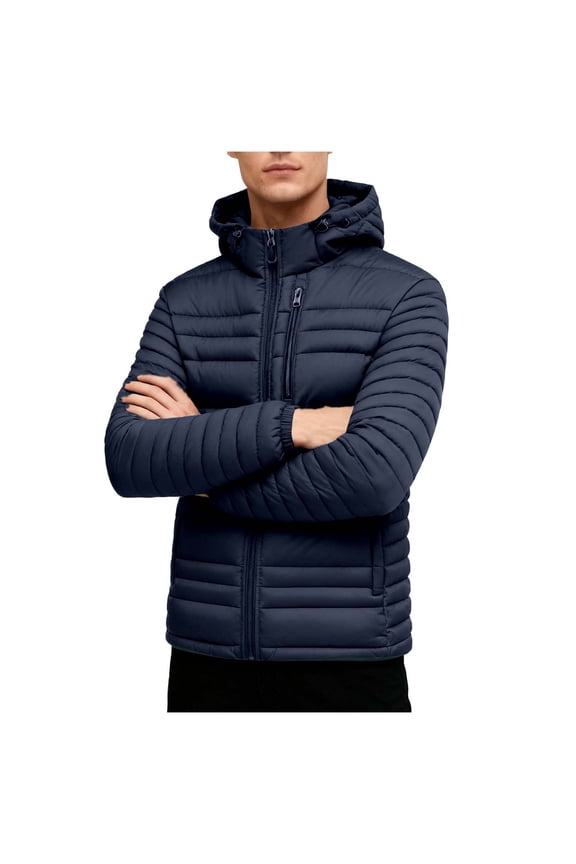 Mens Winter Shiny Puffer Jacket Double Zip Hooded Puff Jacket Warm Quilted Jacket Trendy Down Jacket with Pockets