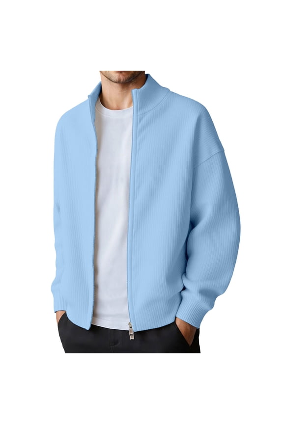 Mens Winter Solid Color Rib Knit Double Zipper Casual Jacket Without Hood With Texture Clothes