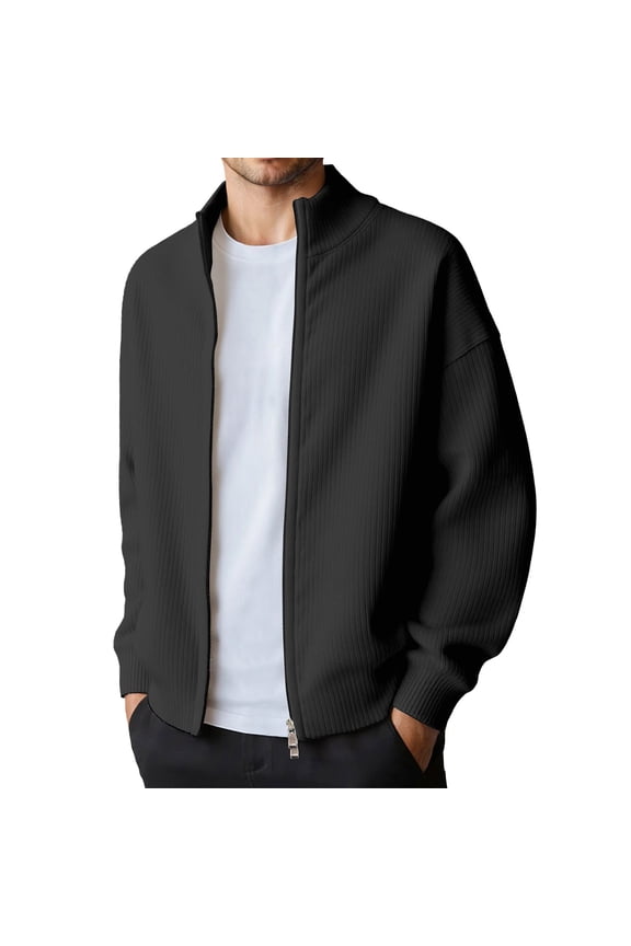 Mens Winter Solid Color Rib Knit Double Zipper Casual Jacket Without Hood With Texture Clothes