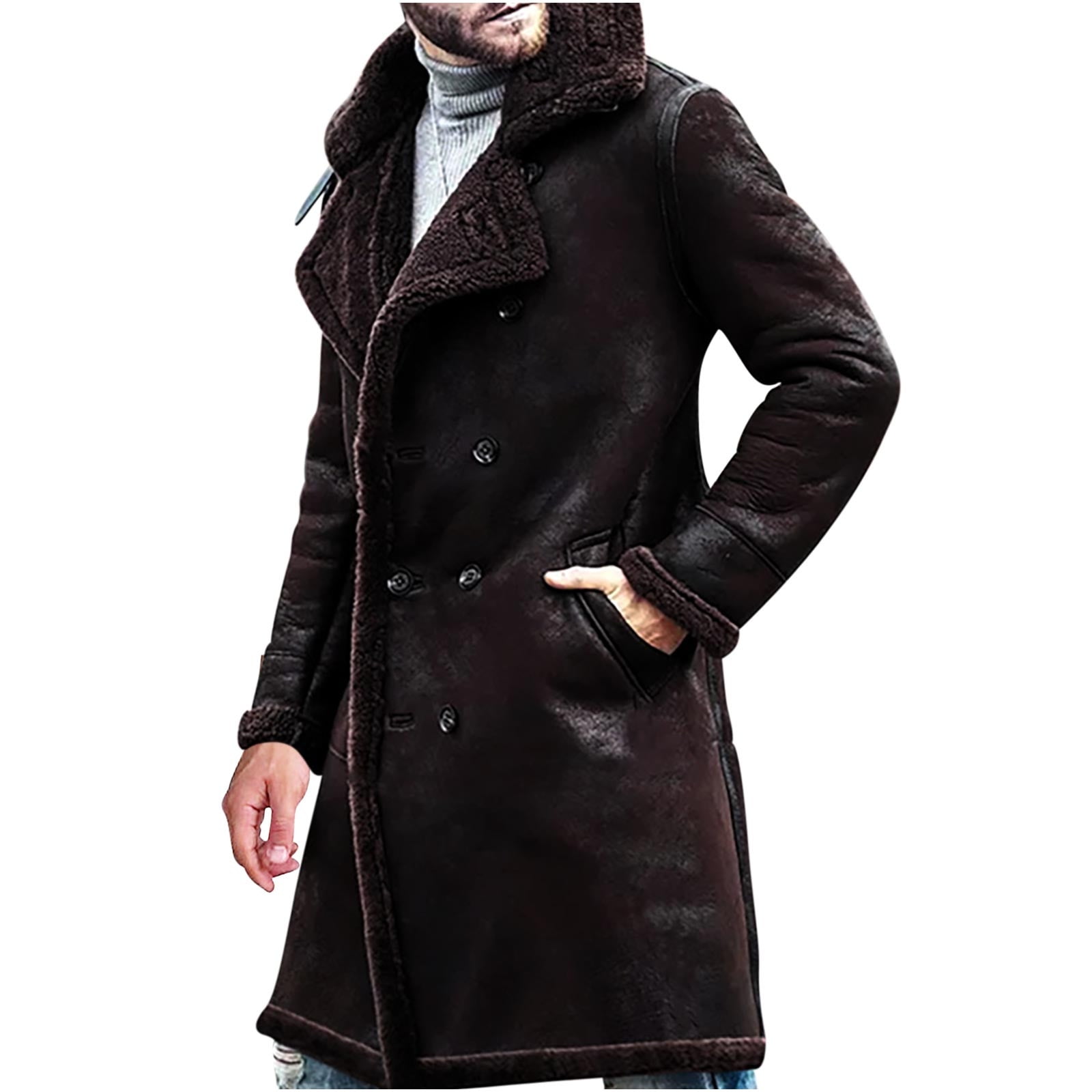 Mens Winter Trendy Coat Vintage Faux Leather Notched Lapel Sherpa Mens Winter Trendy Coat Vintage Faux Leather Notched Lapel Sherpa