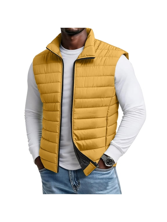 Mens Winter Vest Lightweight Sleeveless Jacket Bubble Puffer Vest Water shedding windproof quilted down insulated vest lightweight casual sleeveless jacket for hiking running golf camping,Yellow M
